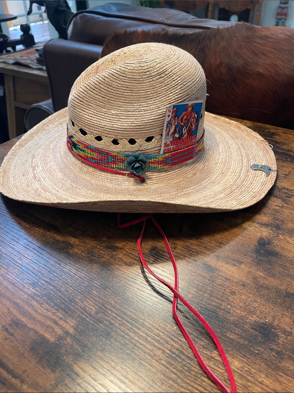 Women’s Straw Cowboy Hat with Multicolor Beaded Band, accent pins, hat clip